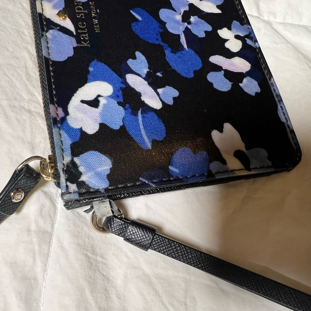 Kate Spade NY Floral Stripe Slim Wristlet Pouch Zip Clutch Black Blue - Picture 4 of 11